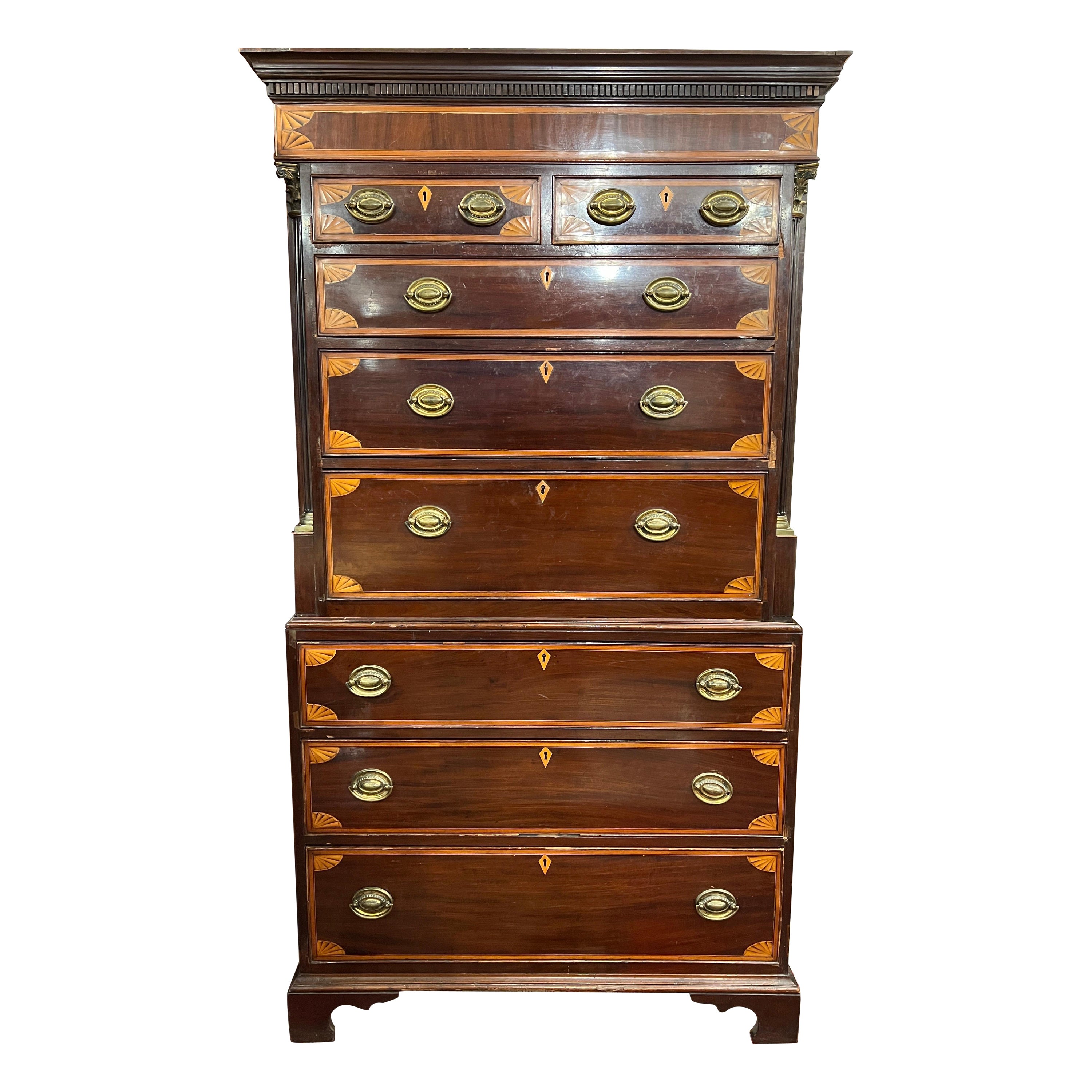 18th Century English George III Mahogany Inlaid Secretaire Chest of Drawers 1700 For Sale