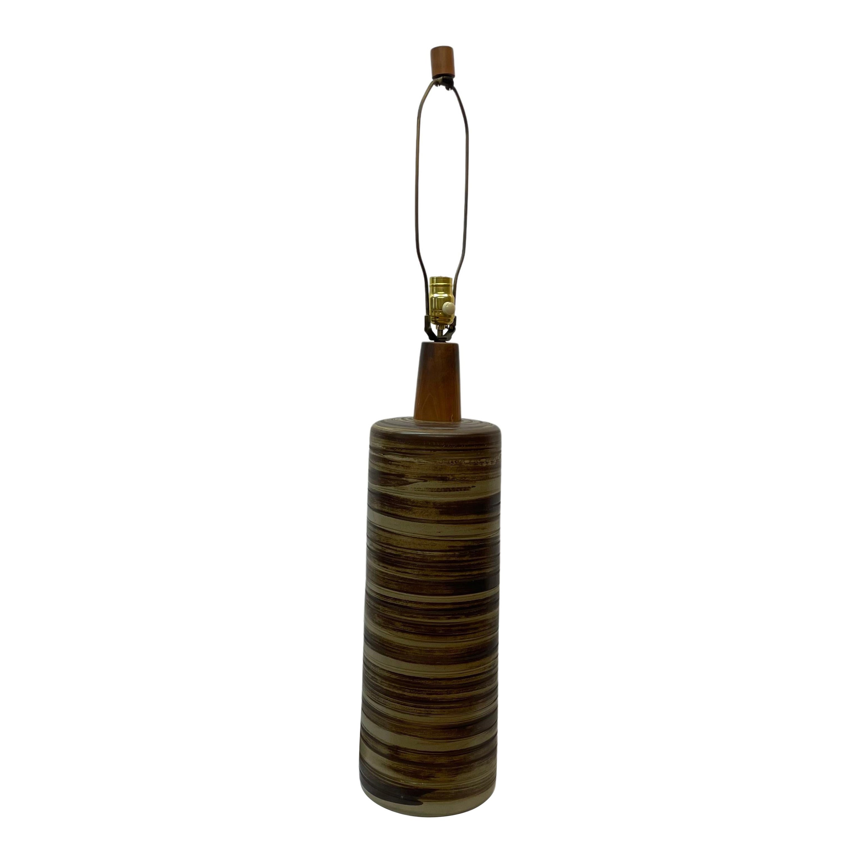 Martz Ceramic Table Lamp w/Brown Swirl Design and Wood Finial For Sale