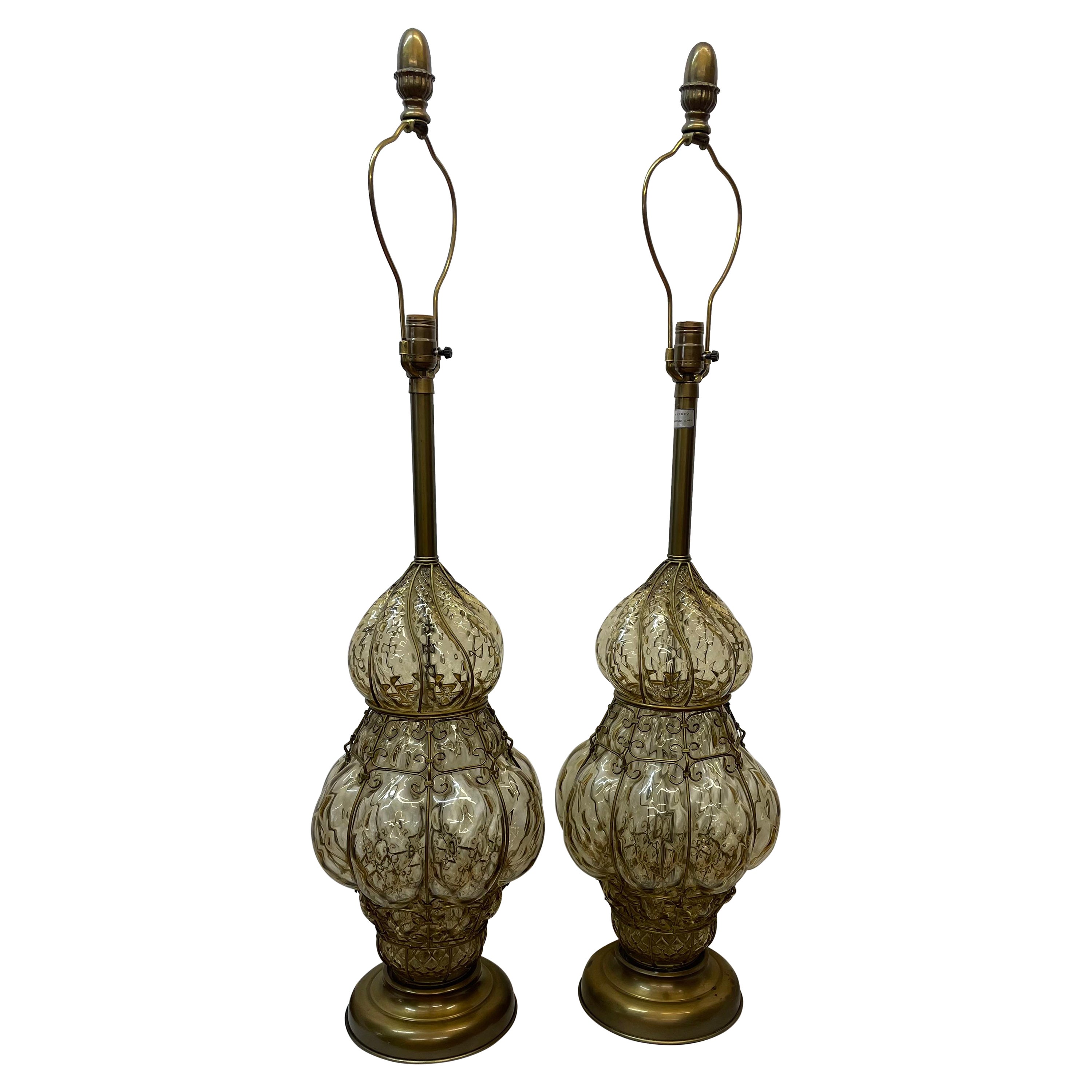 Pair of Marbro Venetian Table Lamps With Handblown Bubble Glass and Wired Cage  For Sale