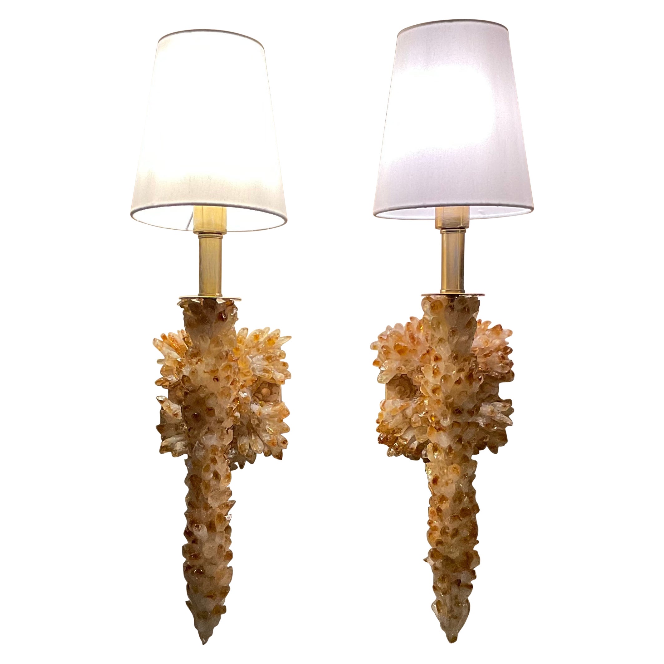 One Of A Kind Pair of Citrine Crystals Quartz Wall Sconces By Joseph Malekan  For Sale