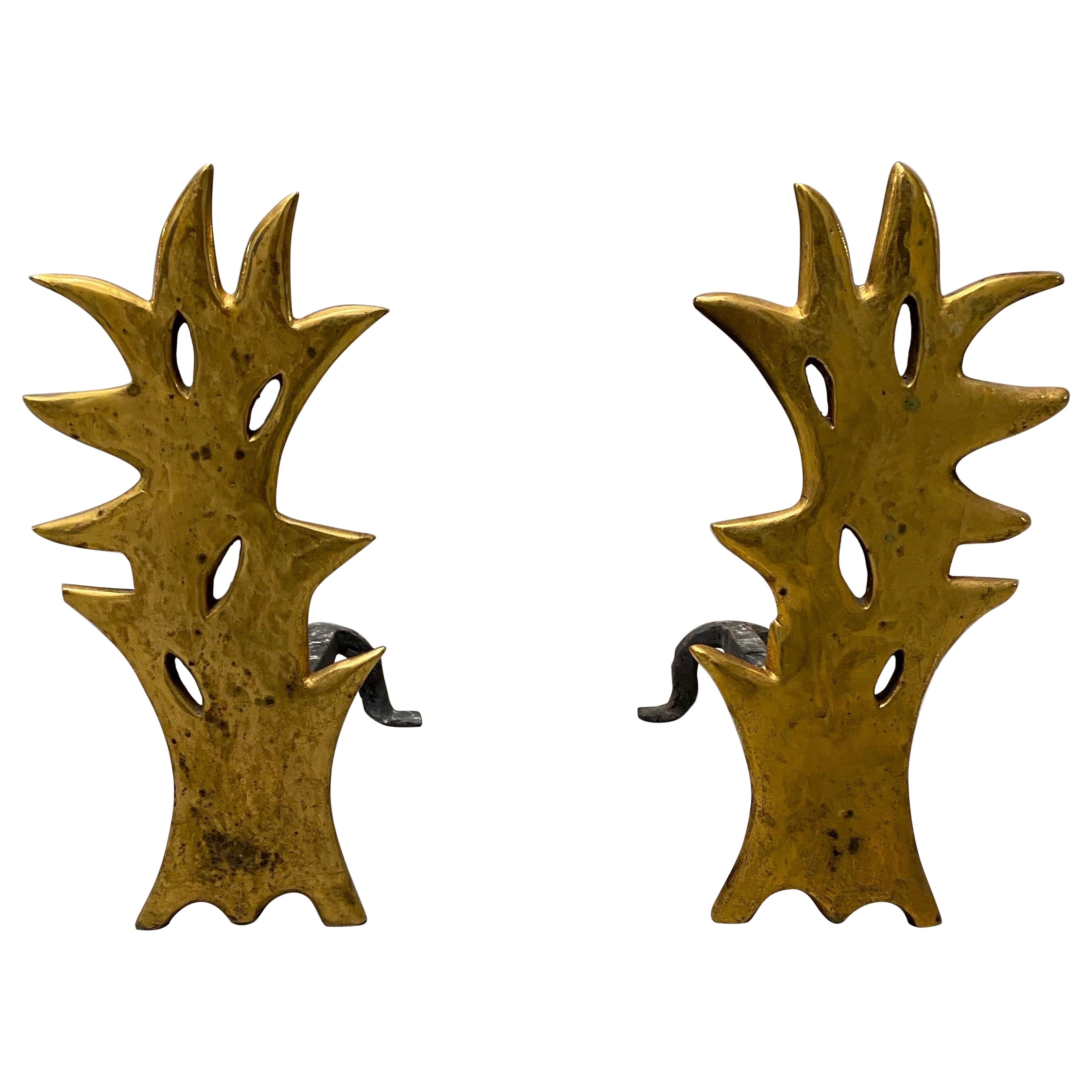 Pair of Herve Van Der Straeten Flame Gilt Bronze Andirons For Sale