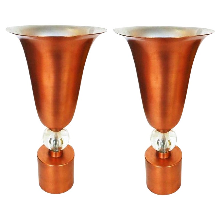 Copper Mid-Century Torchiere Table Lamps, Pair For Sale