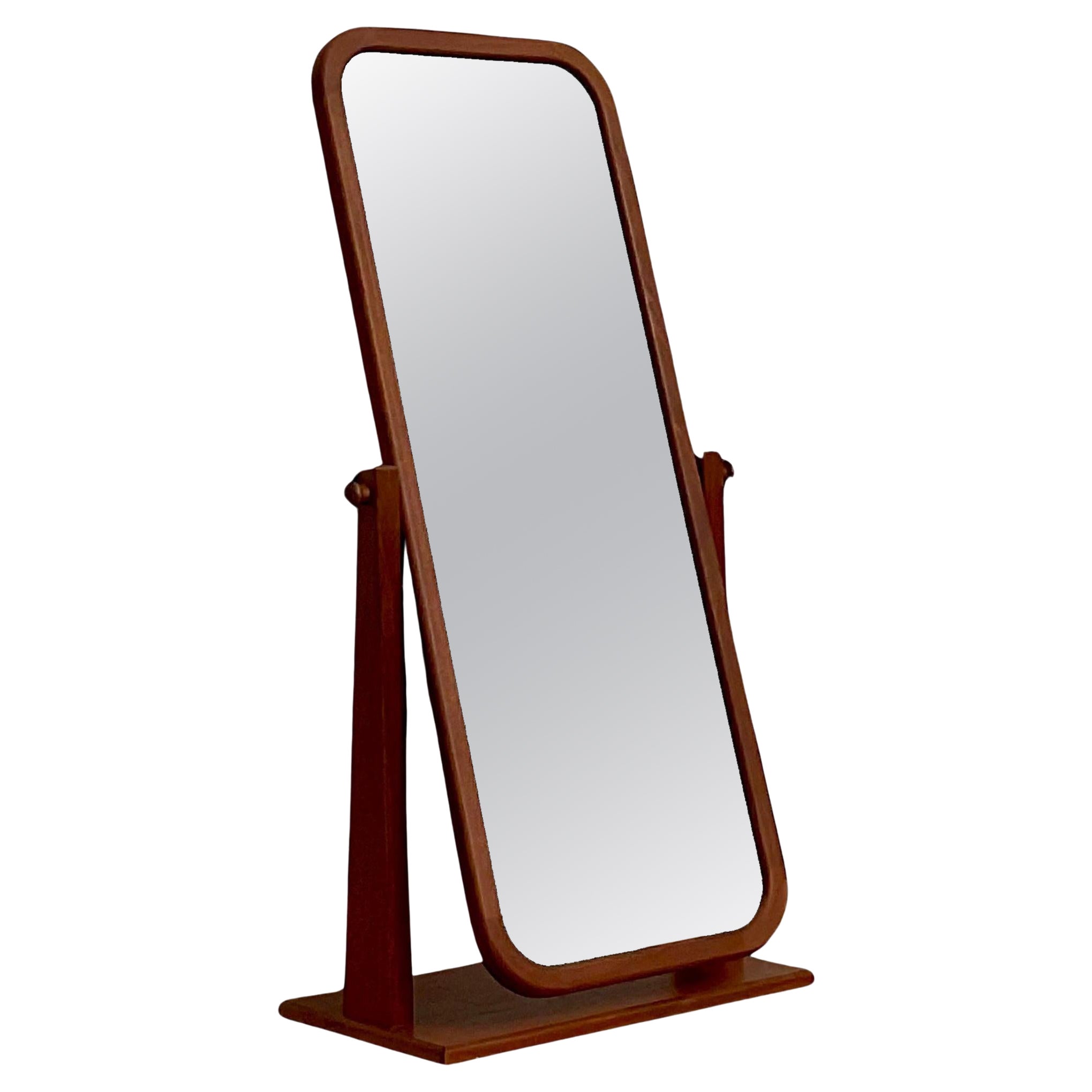 Vintage Mid-Century Modern Teak Cheval Standing Floor Mirror For Sale