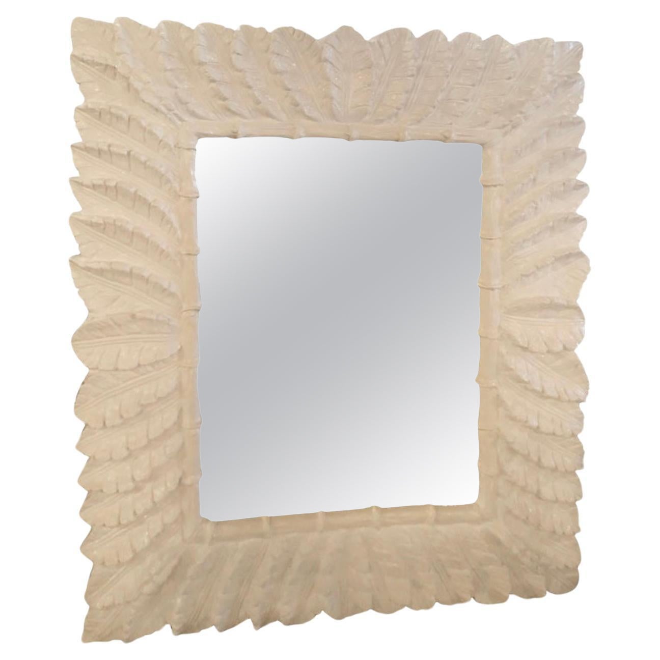 White Lacquered Tropical Palm Tree Leaf Wall Mirror Faux Bamboo For Sale