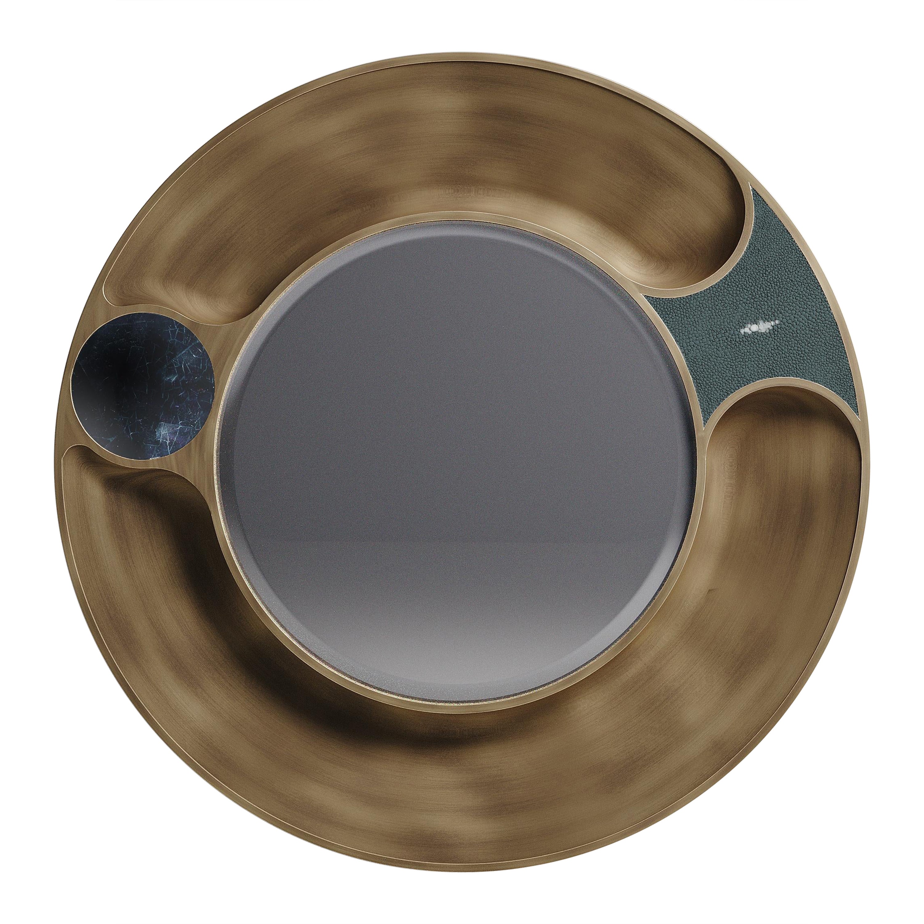 Shagreen Mirror with Shell and Bronze-Patina Brass Details by R&Y Augousti For Sale