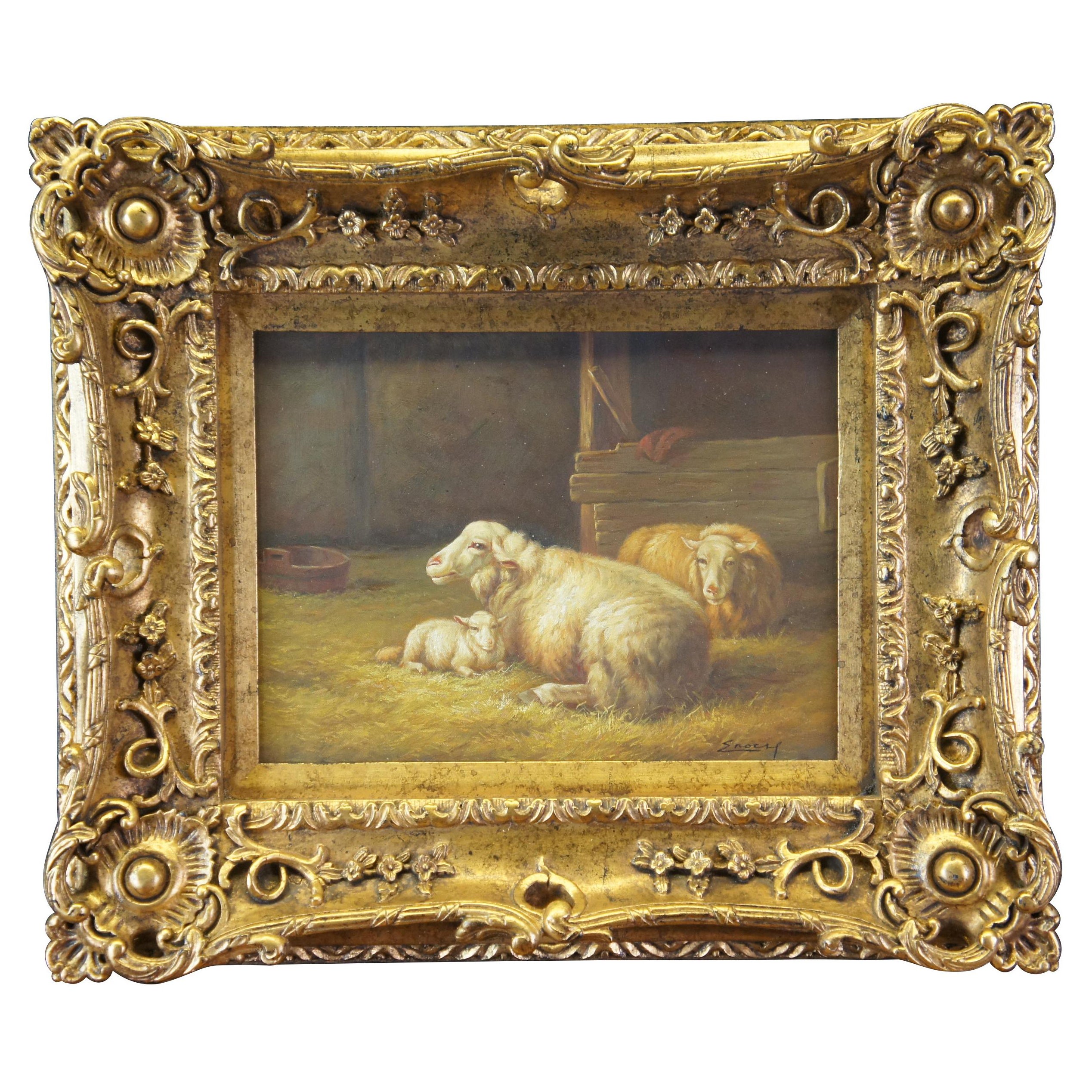 Enoch 20th C. Oil Painting on Canvas Resting Sheep in a Barn Rococo Frame 26"