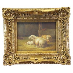 Enoch 20th C. Oil Painting on Canvas Resting Sheep in a Barn Rococo Frame 26"