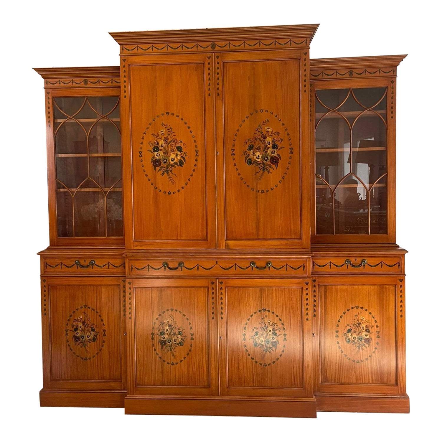 Large Quality Satinwood Breakfront Bookcase with Original Painted Decoration For Sale