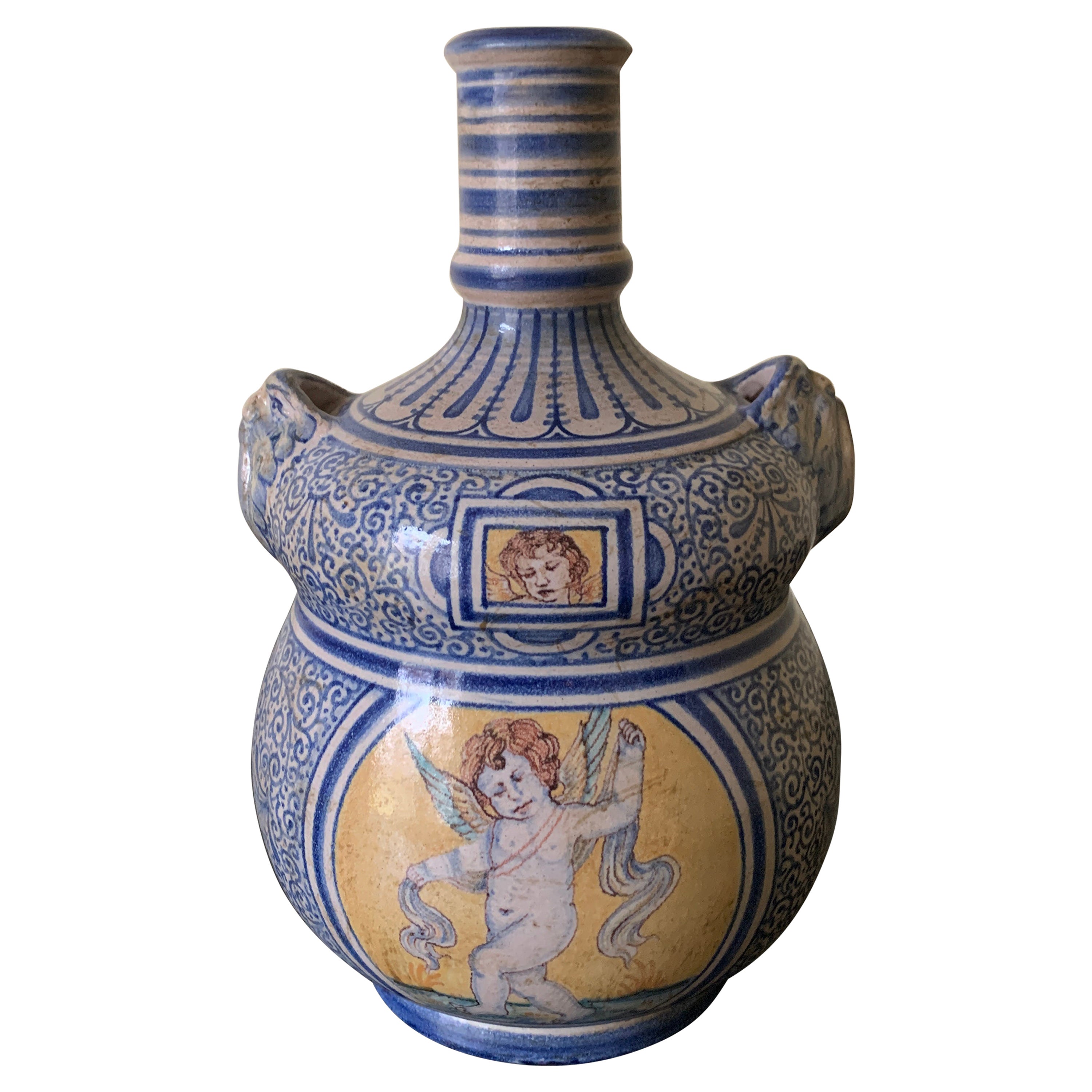 Italian Provincial Deruta Hand Painted Faience Allegorical Pottery Jug Vase For Sale