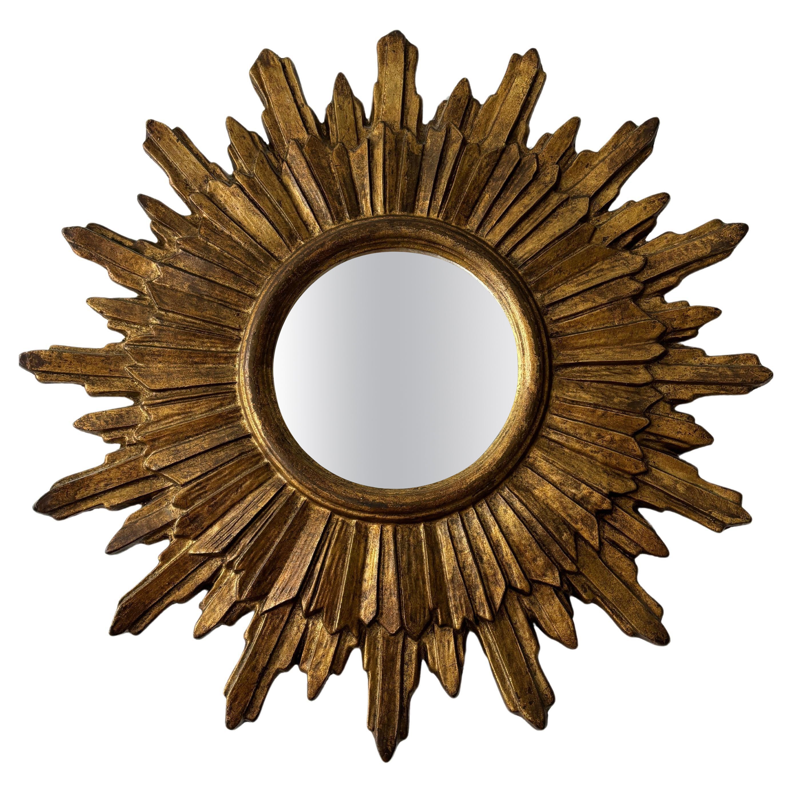 1950s French Big Double Gold Gilt Wood Sunburst Starburst Mirror Mid-century