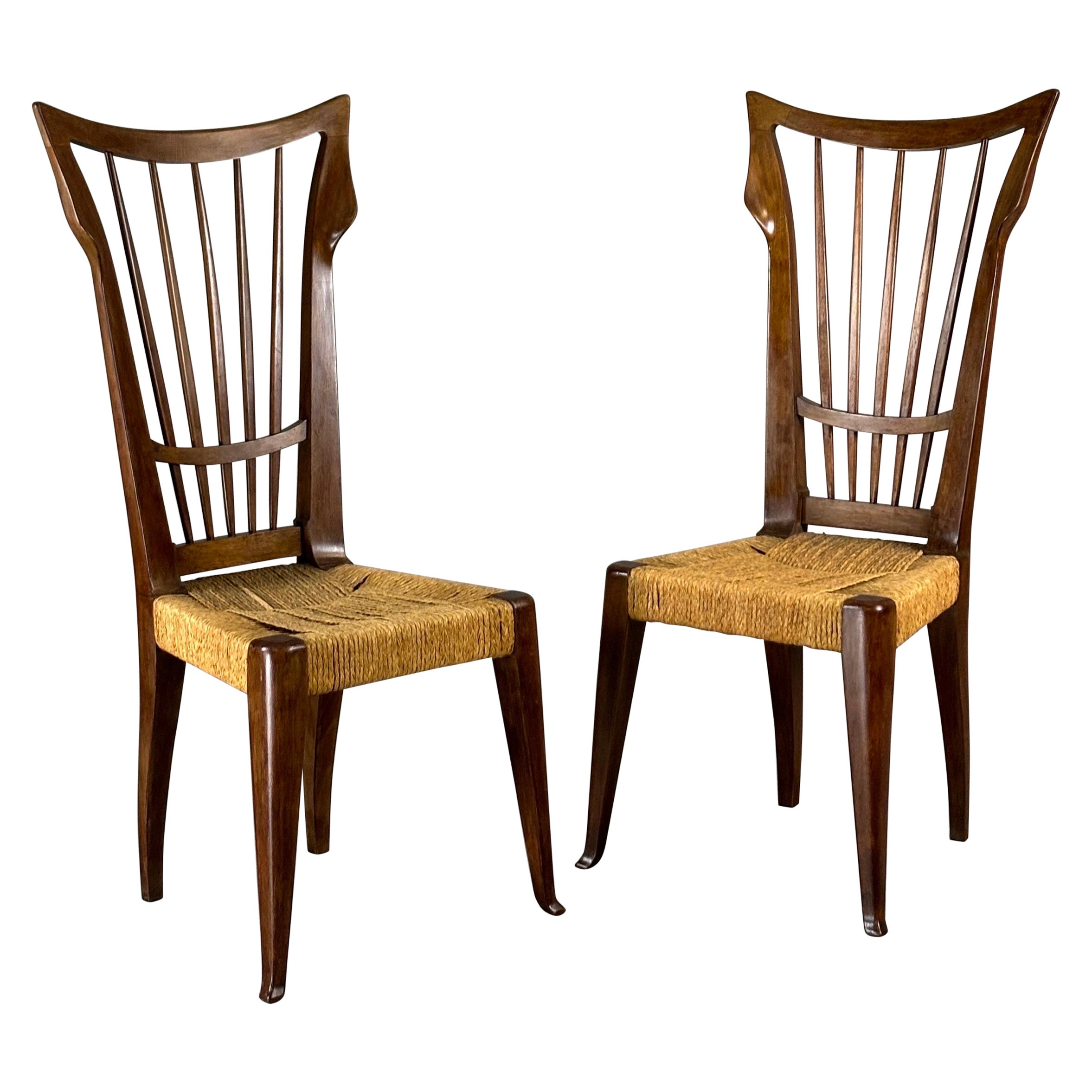 Chaises de Guglielmo Pecorini avec assise en paille, années 1950, ensemble de 2 en vente