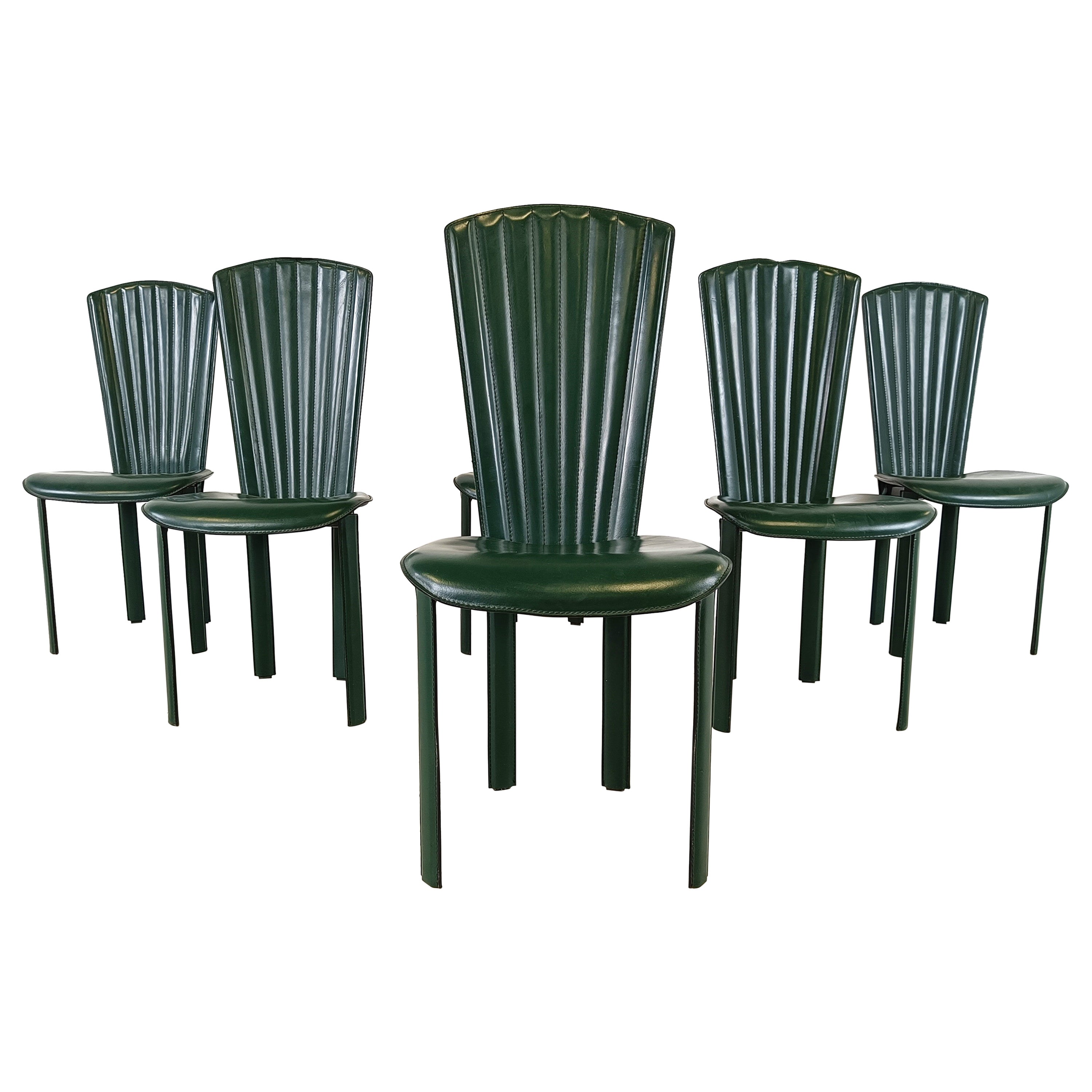 Vintage green leather dining chairs, 1980s - set of 6