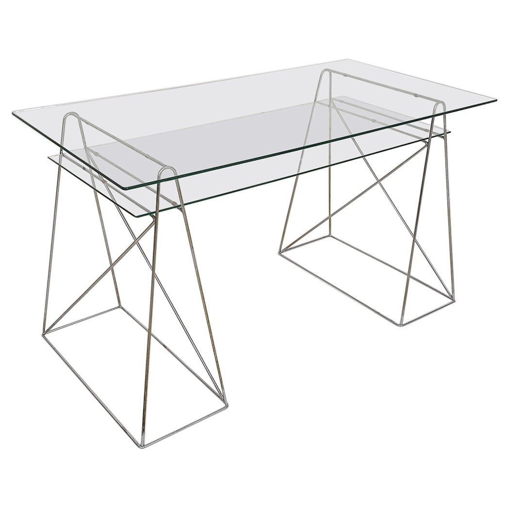 Minimalistic glass and metal desk, France 1970's For Sale