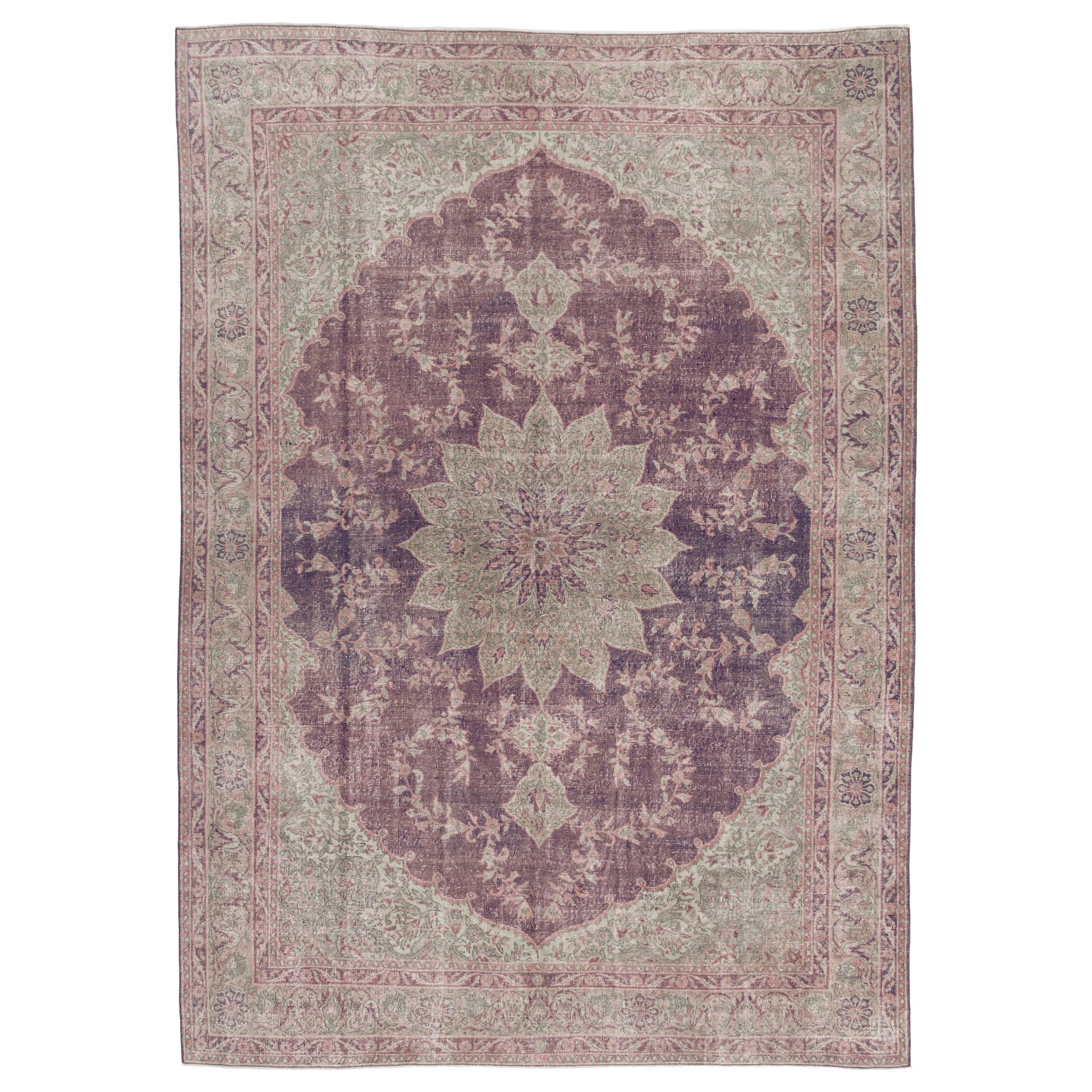 8x11.2 Ft Vintage Handmade Turkish Area Rug with Medallion Design in Soft Colors For Sale