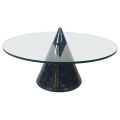 Italian modern Round coffe table in glass with black marble conical base, 1980s
