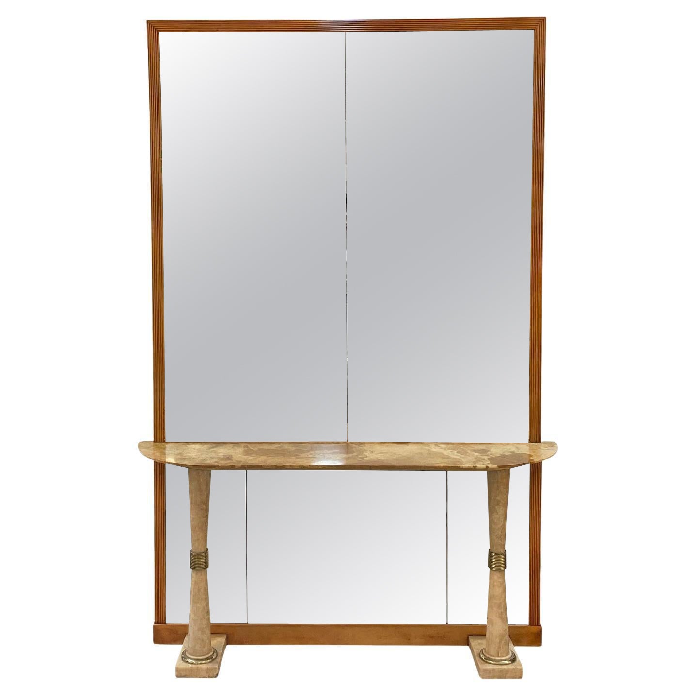 20th Century Italian Mid-Century Modern Marble Console Table & Glass Wall Mirror For Sale