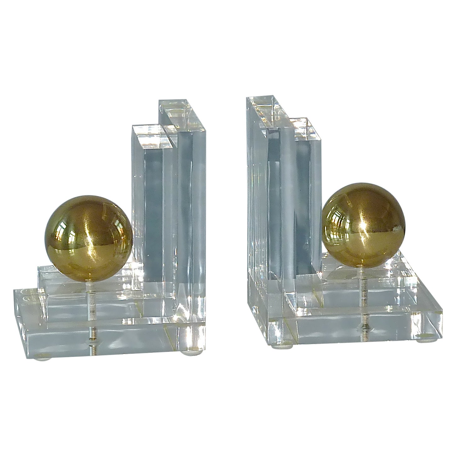 Modernist Acrylic Lucite Brass Bookends Art Deco Style Crespi Maison Jansen 1970 For Sale