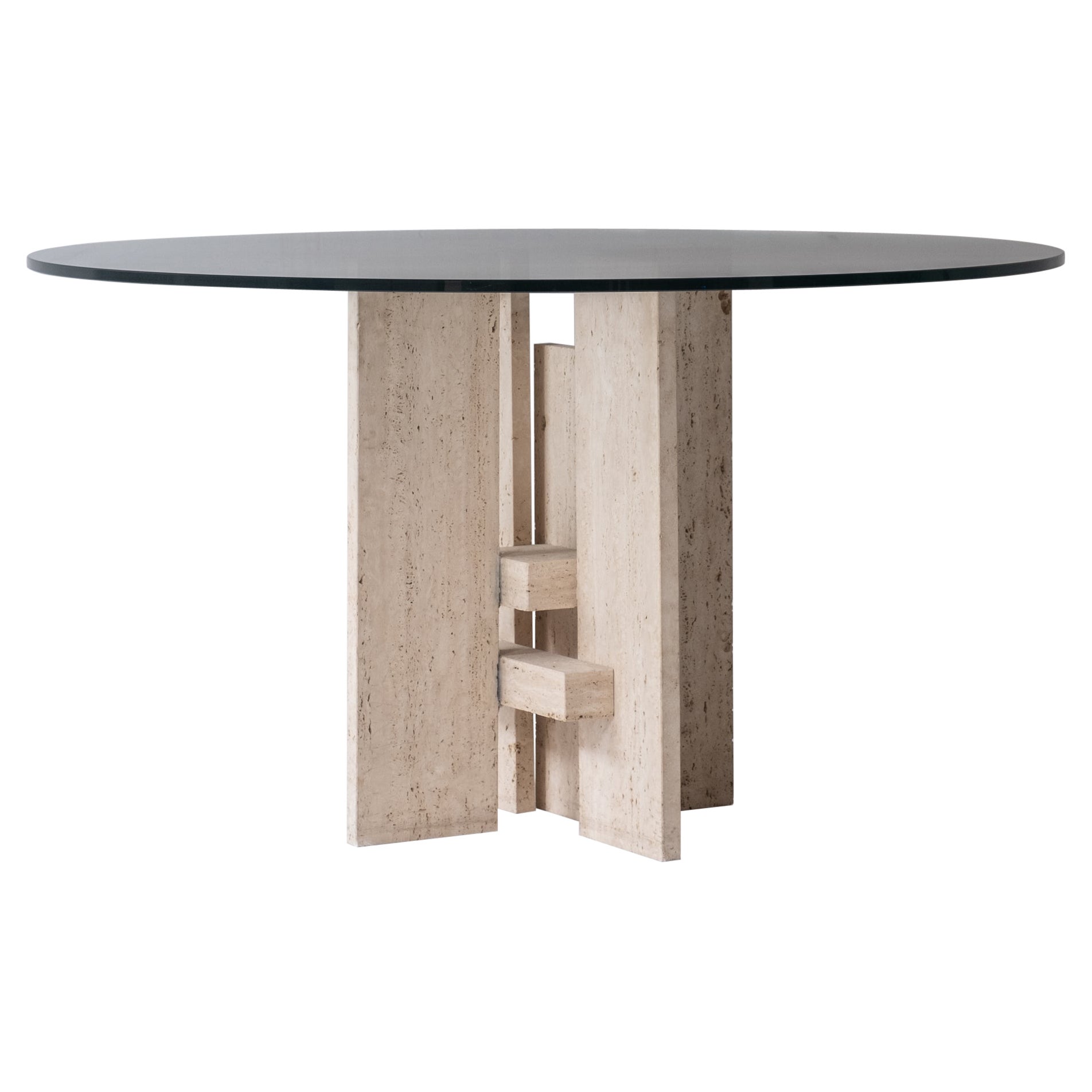 Travertine table with sculptural base designed and manufactured in the 1970s. For Sale