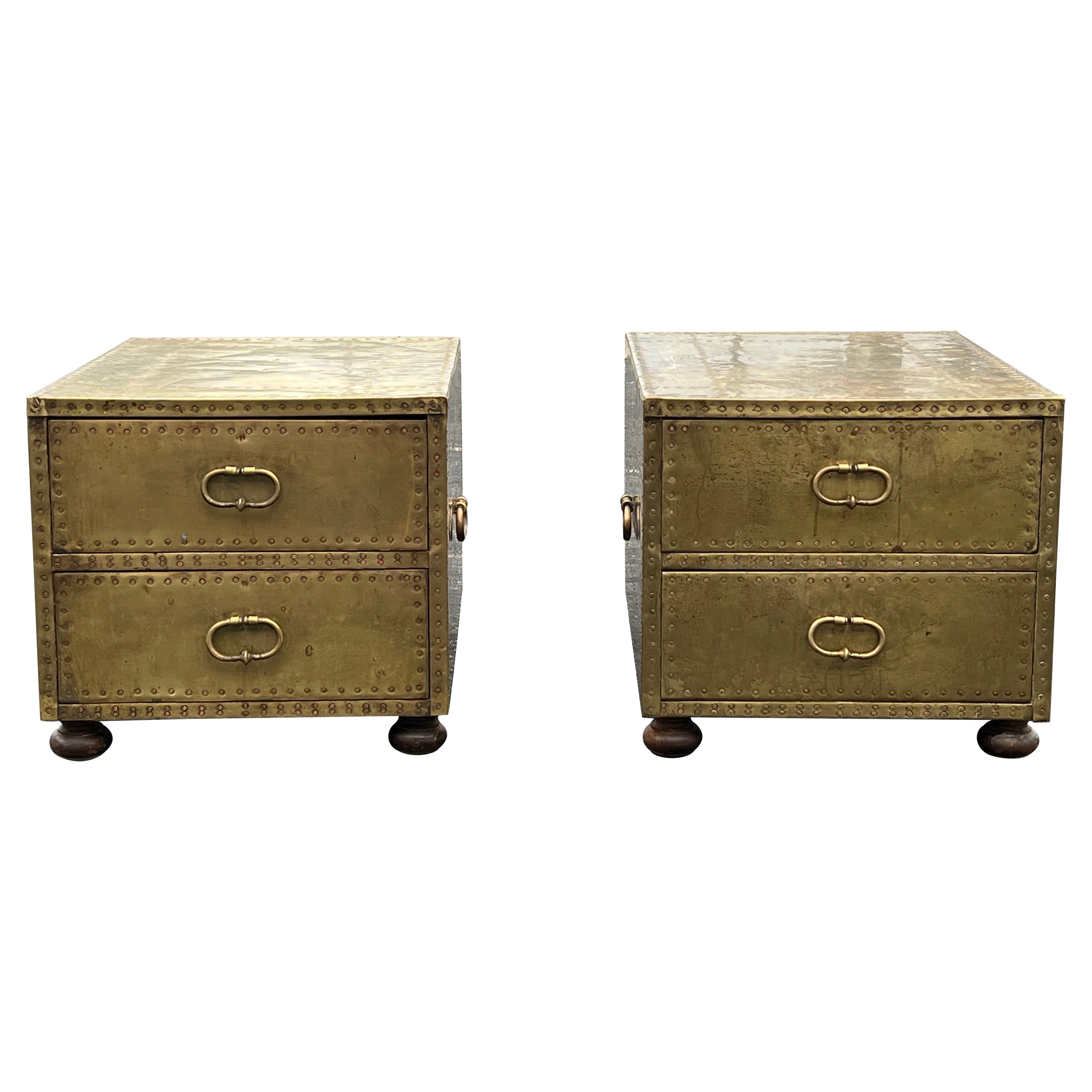 A Pair of Studded Brass Sarreid Dressers Campaign Style For Sale