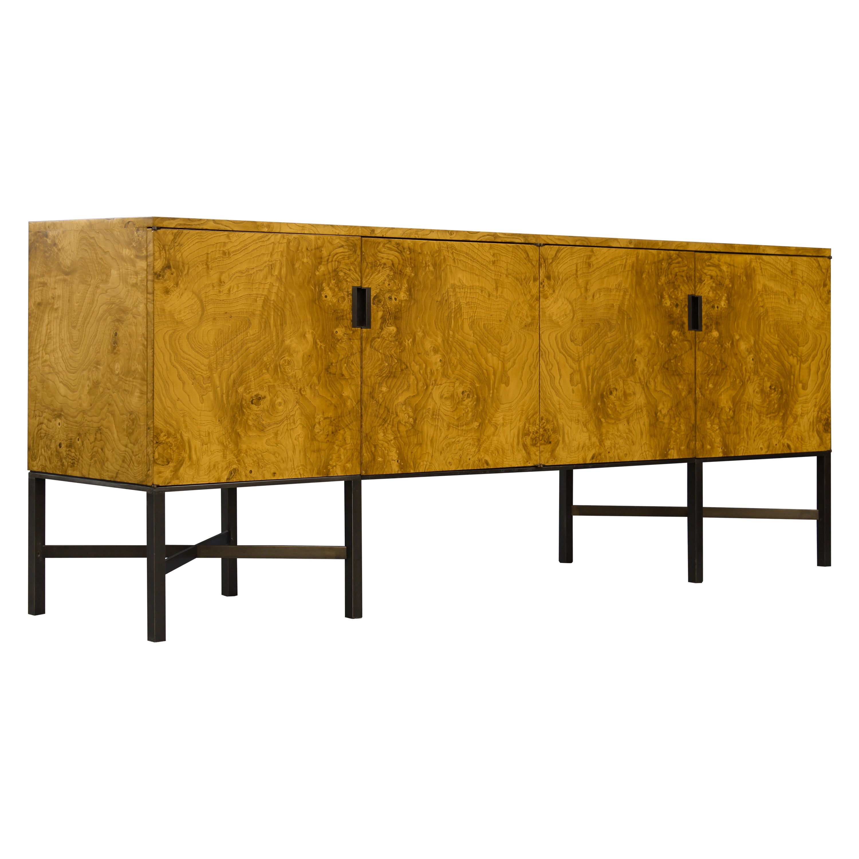 Expertly Restored Roger Sprunger Dunbar Model #7111 Maple Burl Cabinet Sideboard For Sale