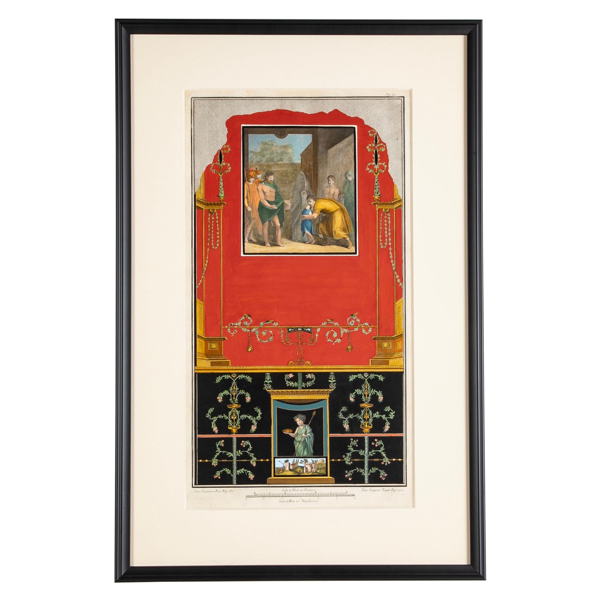 Pair Hand Colored Engravings of Roman Frescoes from Pompeii Circa 1800 For Sale