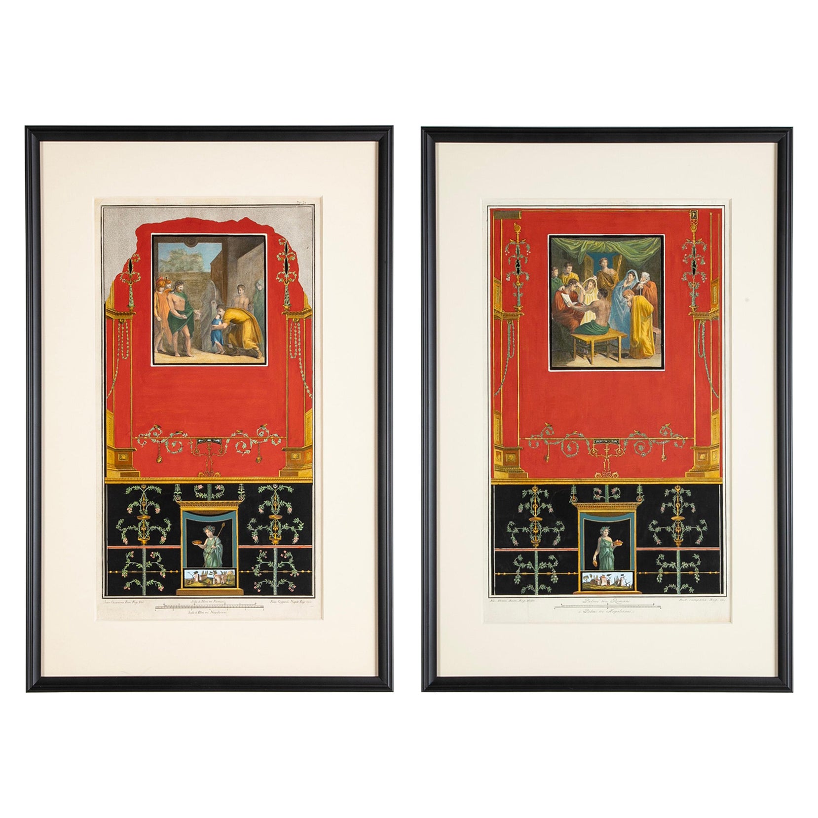 Coppia di incisioni colorate a mano italiane del XVIII secolo Affreschi romani di Pompei