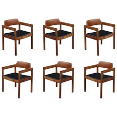 Retro Set of 6 Solid Quartersawn Oak Arm or Dining Chairs in Black Leather by Gunlocke