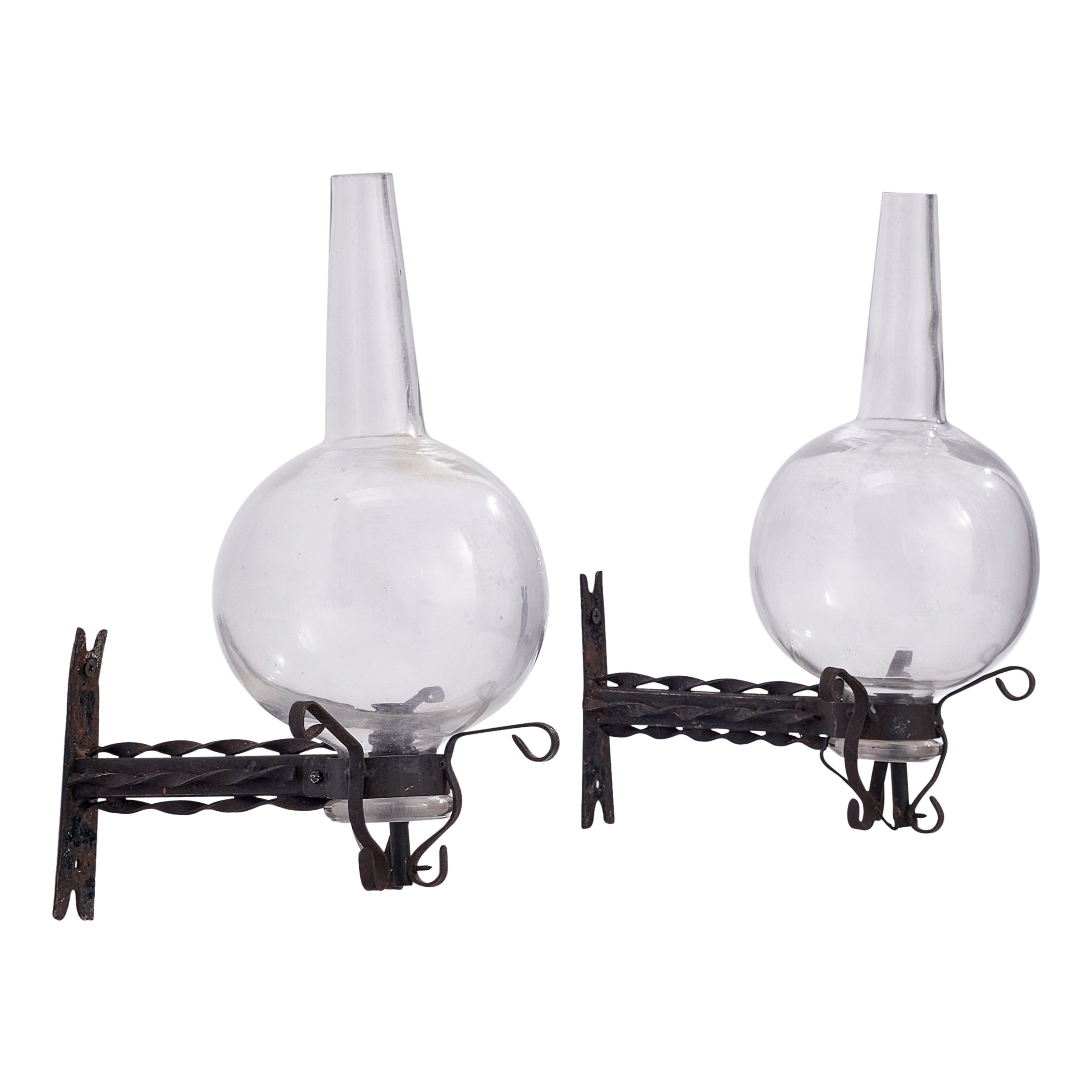 Italian Designer, Wall Lights, Wrought Iron, Blown Glass, Italy, 1930s For Sale