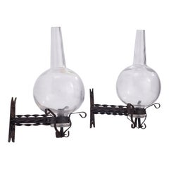 Vintage Italian Designer, Wall Lights, Wrought Iron, Blown Glass, Italy, 1930s