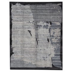 Alfombra Abstracta Contemporánea Sobredimensionada en Gris, Carbón y Azul Acero11'6 x 14'10