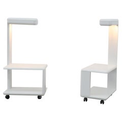 Pair of White Mod Rolling Side Table with Built-In Lamps and Cube Shaped Bases
