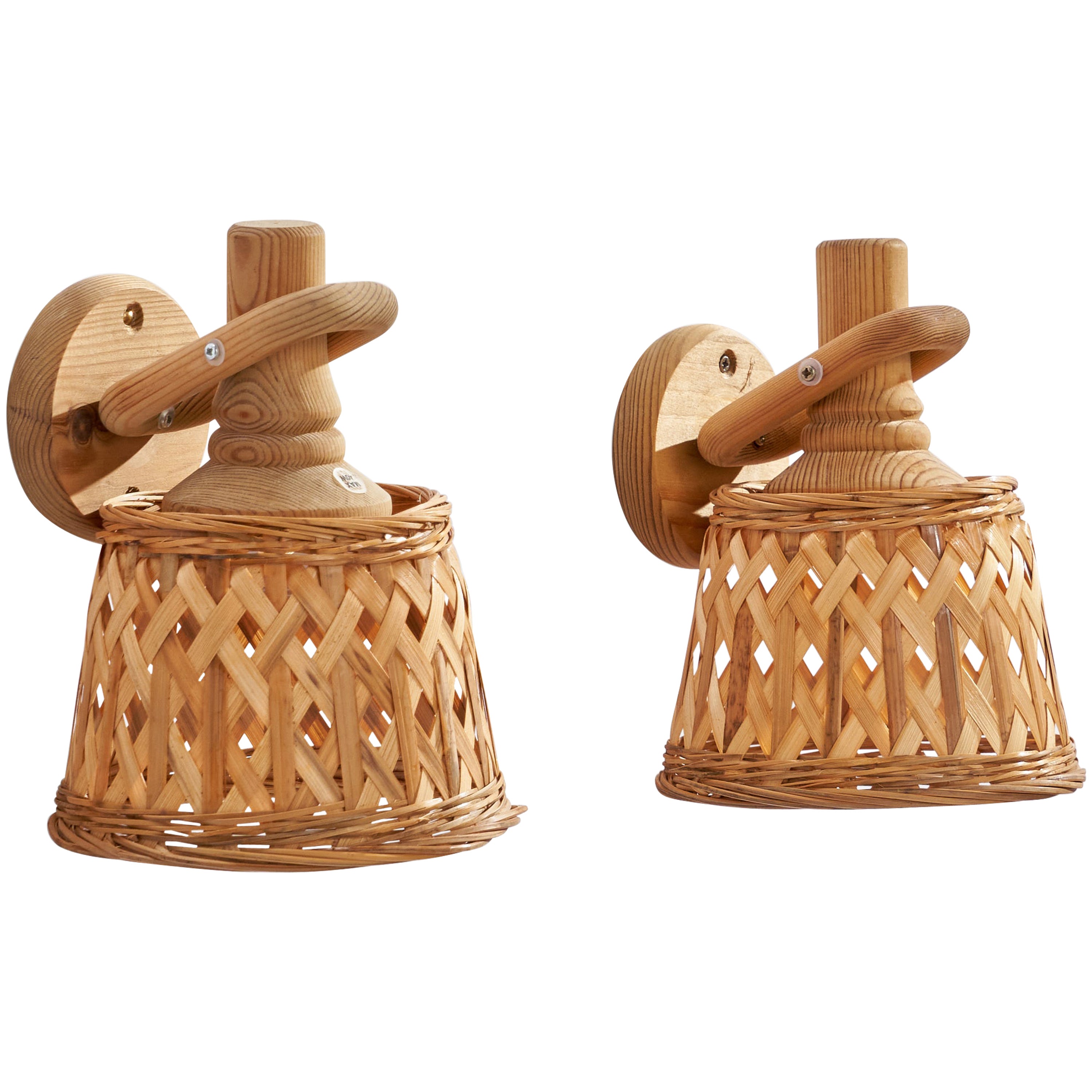 Markslöjd, Wall Lights, Pine, Rattan, Sweden, 1970s For Sale