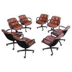 Set of Eight Charles Pollock for Knoll Armchairs in Chrome & Brown Leather MCM