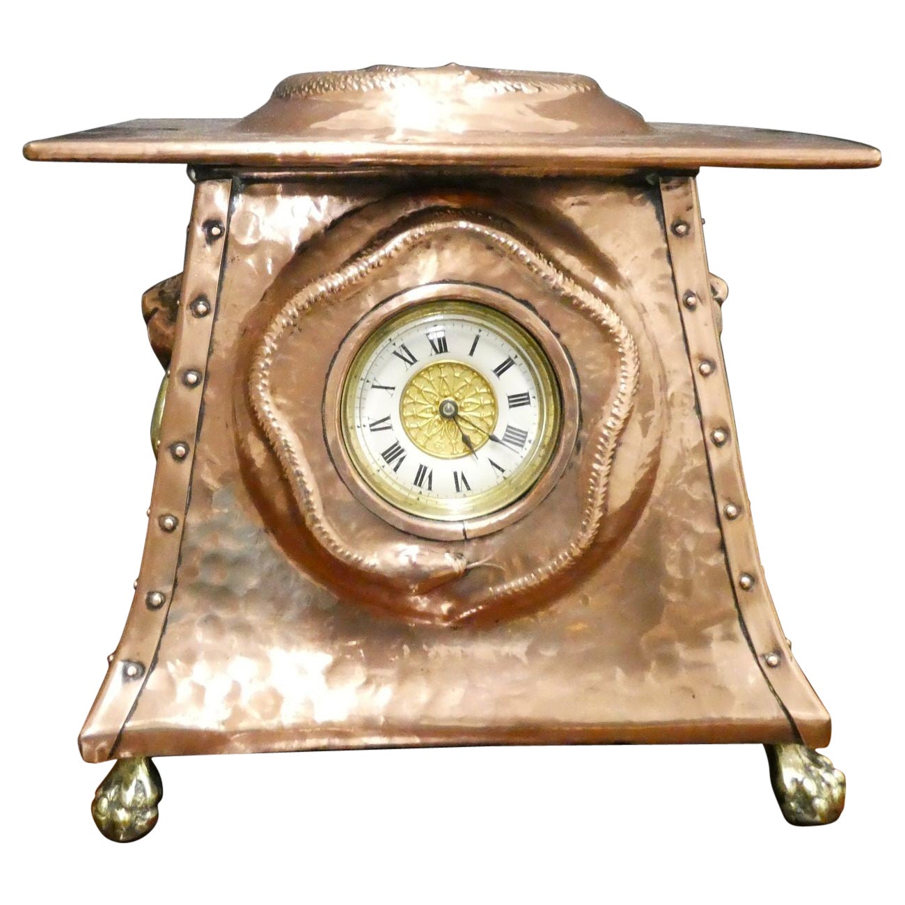 Arts and Crafts Hammered Copper Mantel Clock For Sale