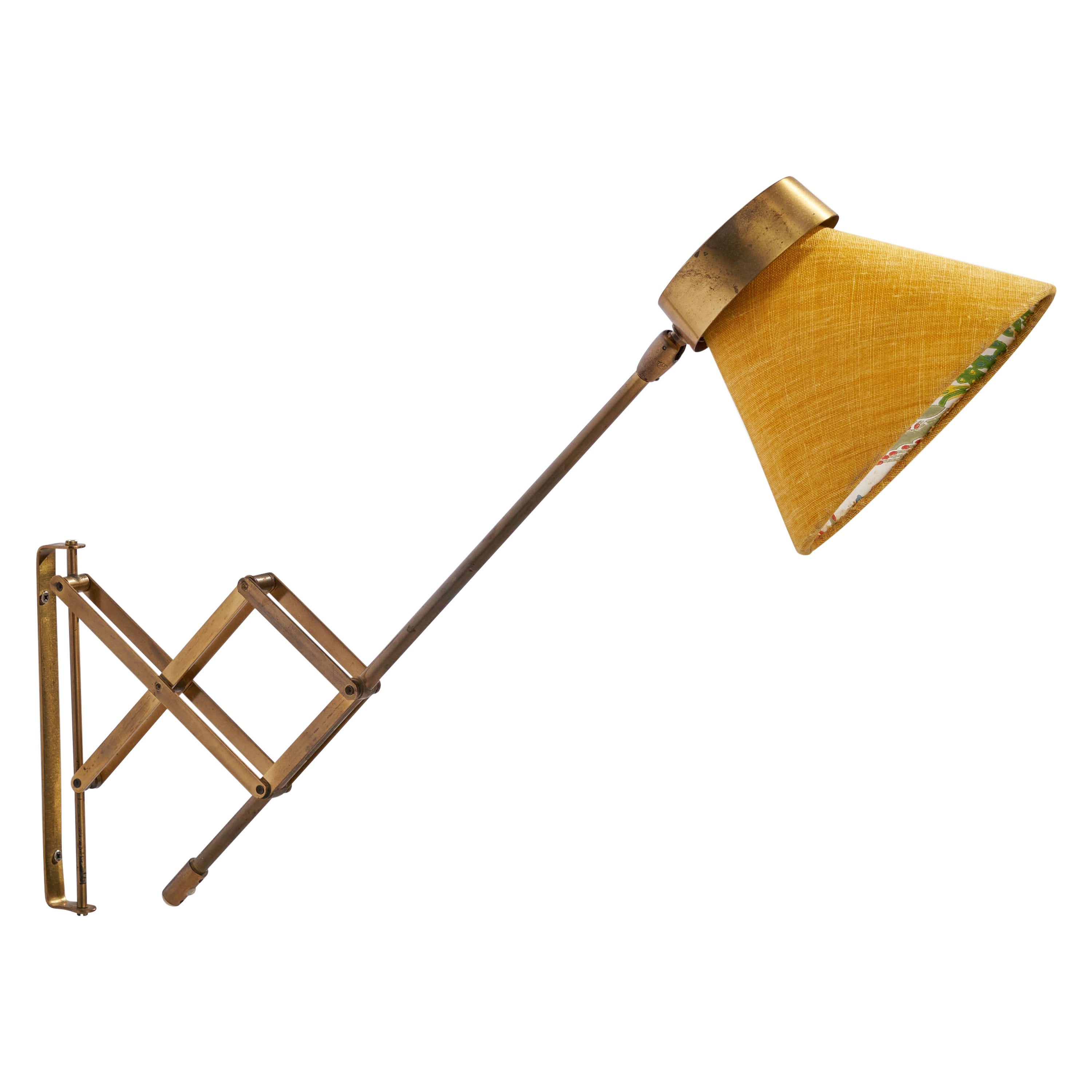 T.H. Valentiner, Wall Light, Brass, Fabric, Denmark, 1950s For Sale