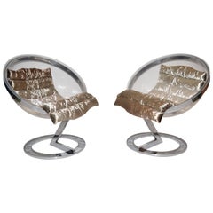 Retro Pair of Space Age Acrylic and Steel Bubble Lounge Chairs after Daninos, 70s 