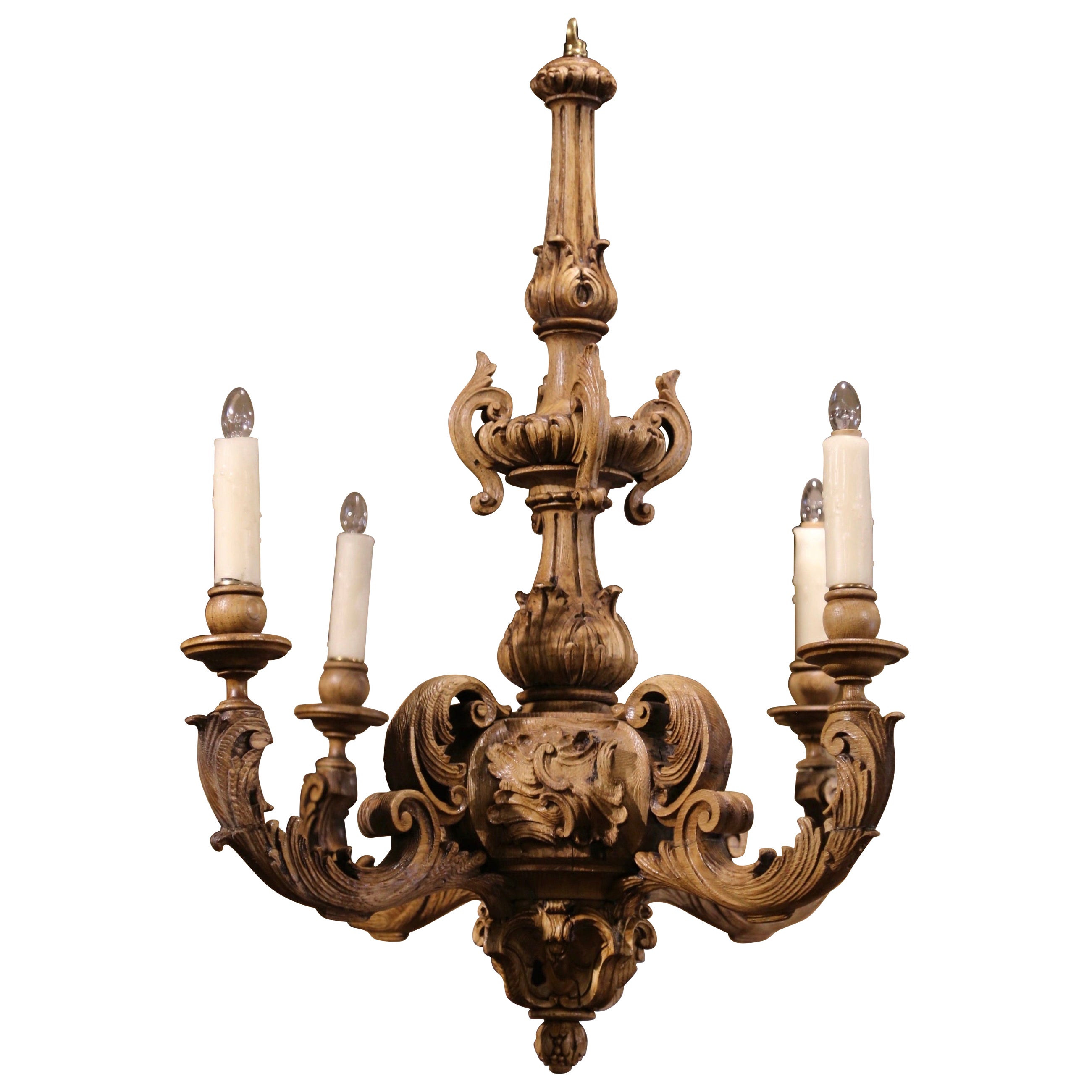 19th Century French Napoleon III Carved Bleached Oak Four-Light Chandelier For Sale