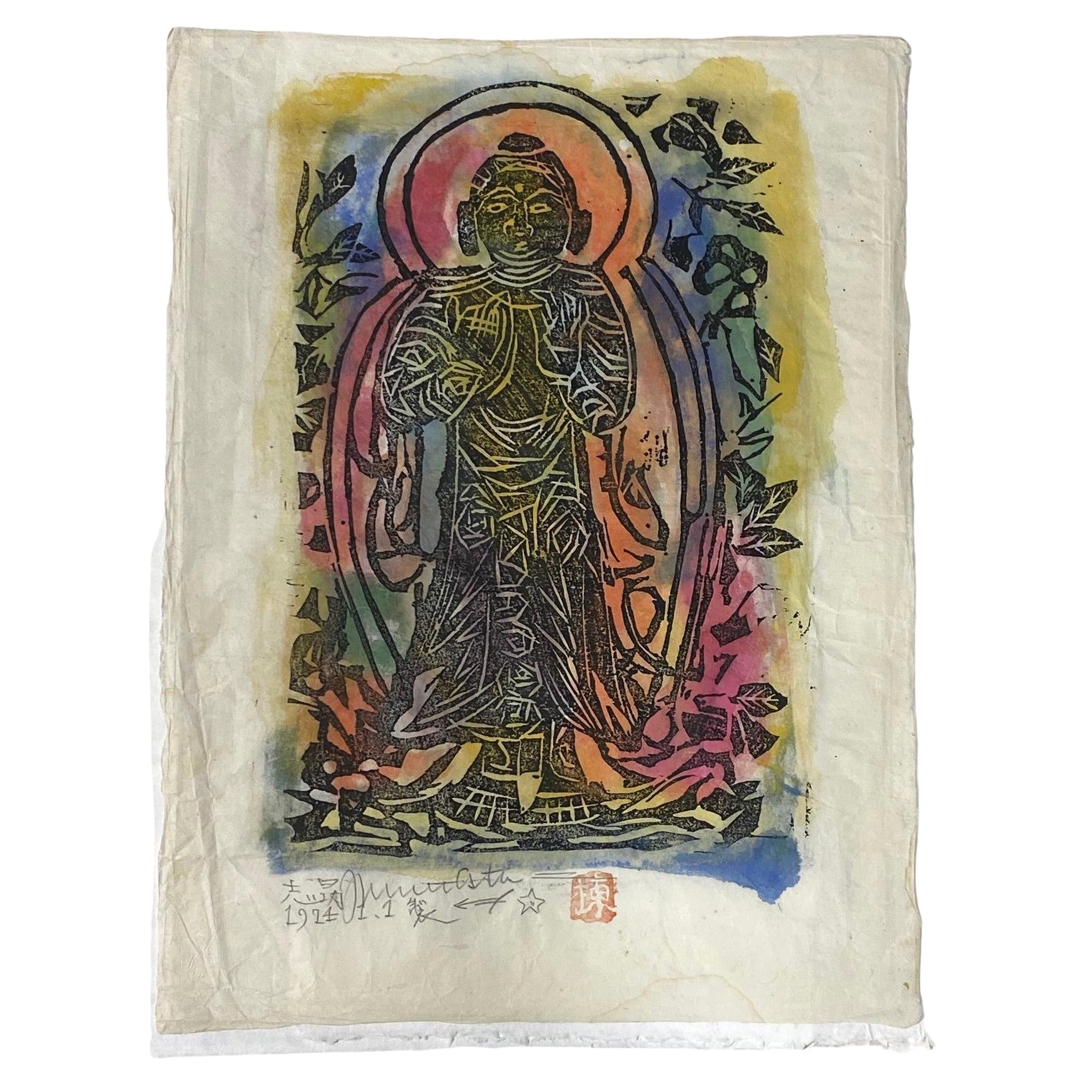 Shiko Shikou Munakata Signed Japanese Woodblock Buddha Bodhisattva Print  For Sale