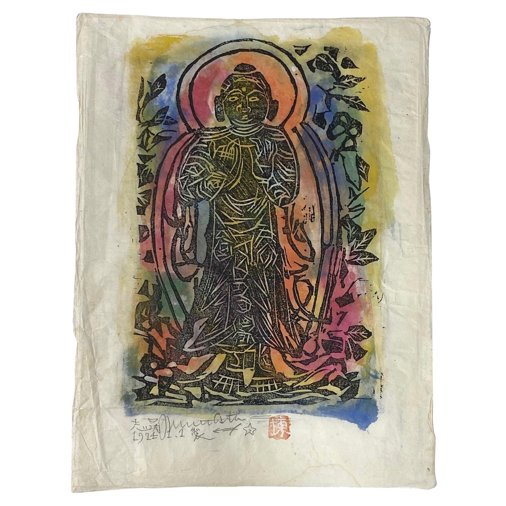 Shiko Shikou Munakata Grabado en madera japonesa firmado Bodhisattva de Buda