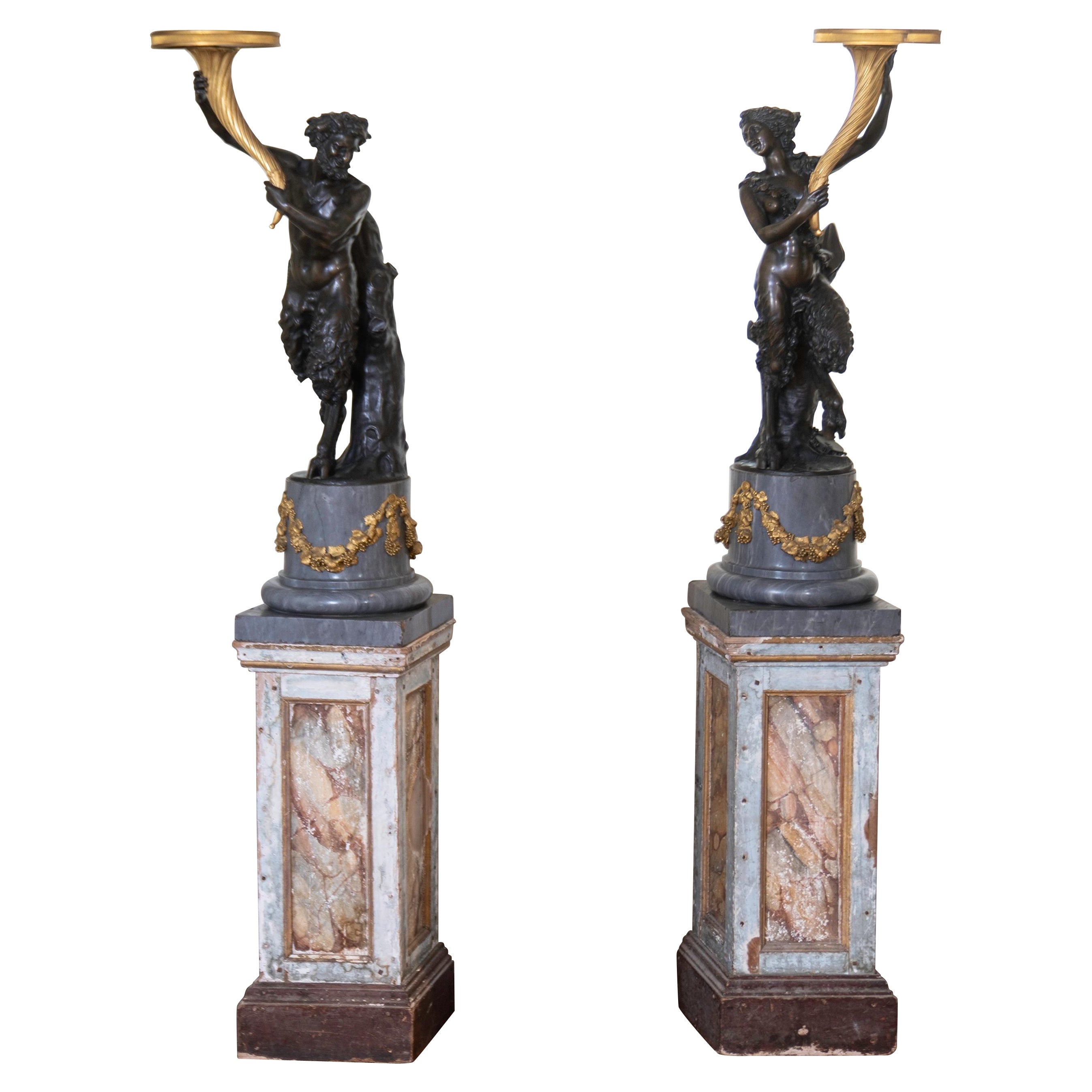 Pair of French 18th Century Bronze Statues of Satyrs, Signed Clodion For Sale