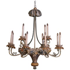 Mid-Century French Metal & Carved Wood Twelve-Light Floral Basket Chandelier 