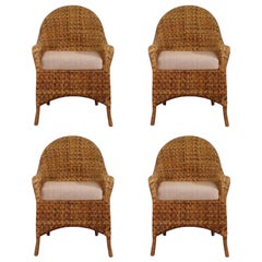Vintage Organic Modern Woven Herringbone Wicker Rattan Dining Chairs - Set of 4 