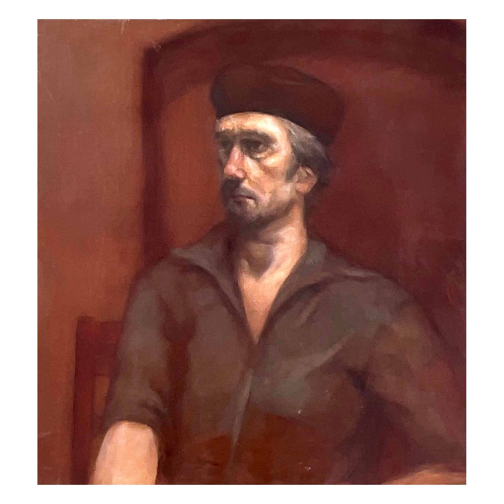 Peinture à l'huile originale vintage signée d'un homme au chapeau