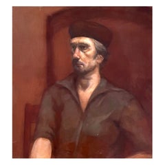 Peinture à l'huile originale vintage signée d'un homme au chapeau