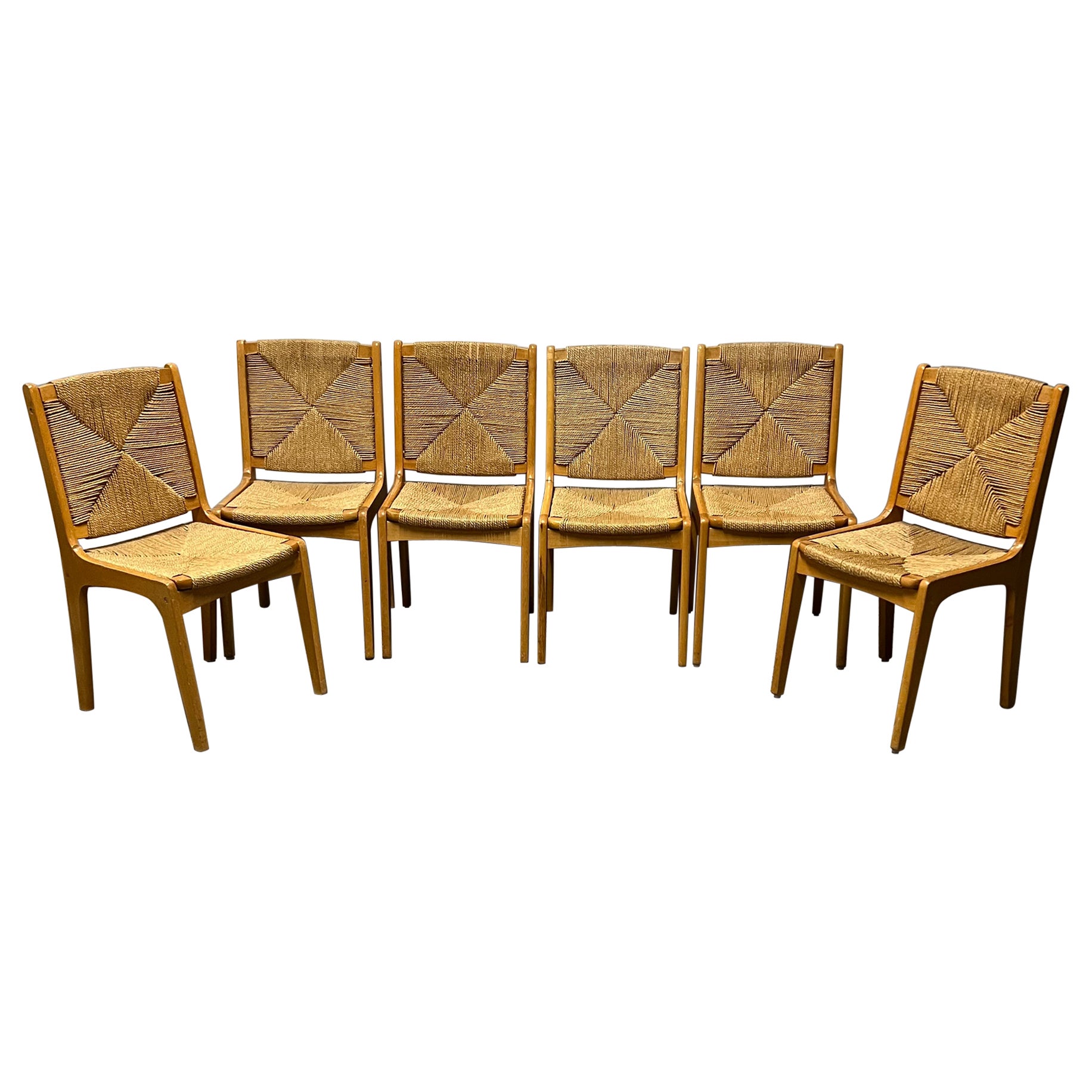 Set of Six Mid-Century Oak and Woven Rush Dining Chairs For Sale