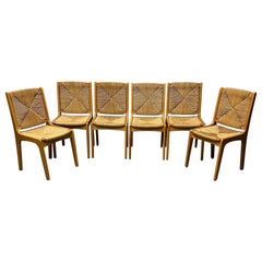 Vintage Set of Six Mid-Century Oak and Woven Rush Dining Chairs