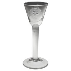 Unusual Jacobite Engraved Plain Stem Wine Glass c1750 - Engraver A