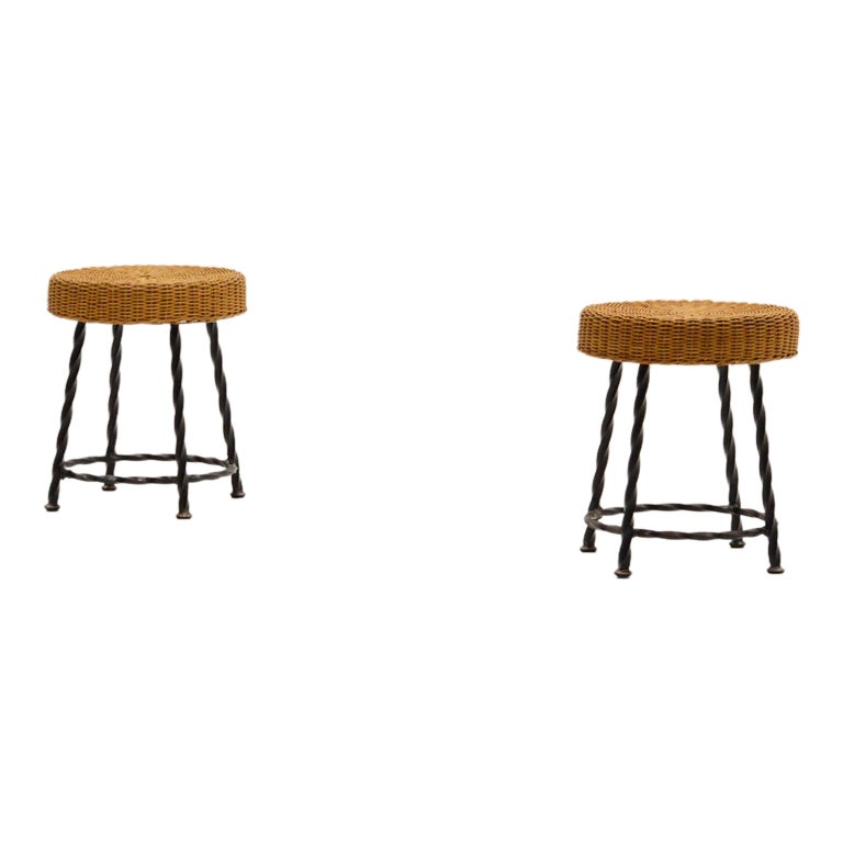 Set of 2 rattan and wrought iron stools, 1970s.  For Sale