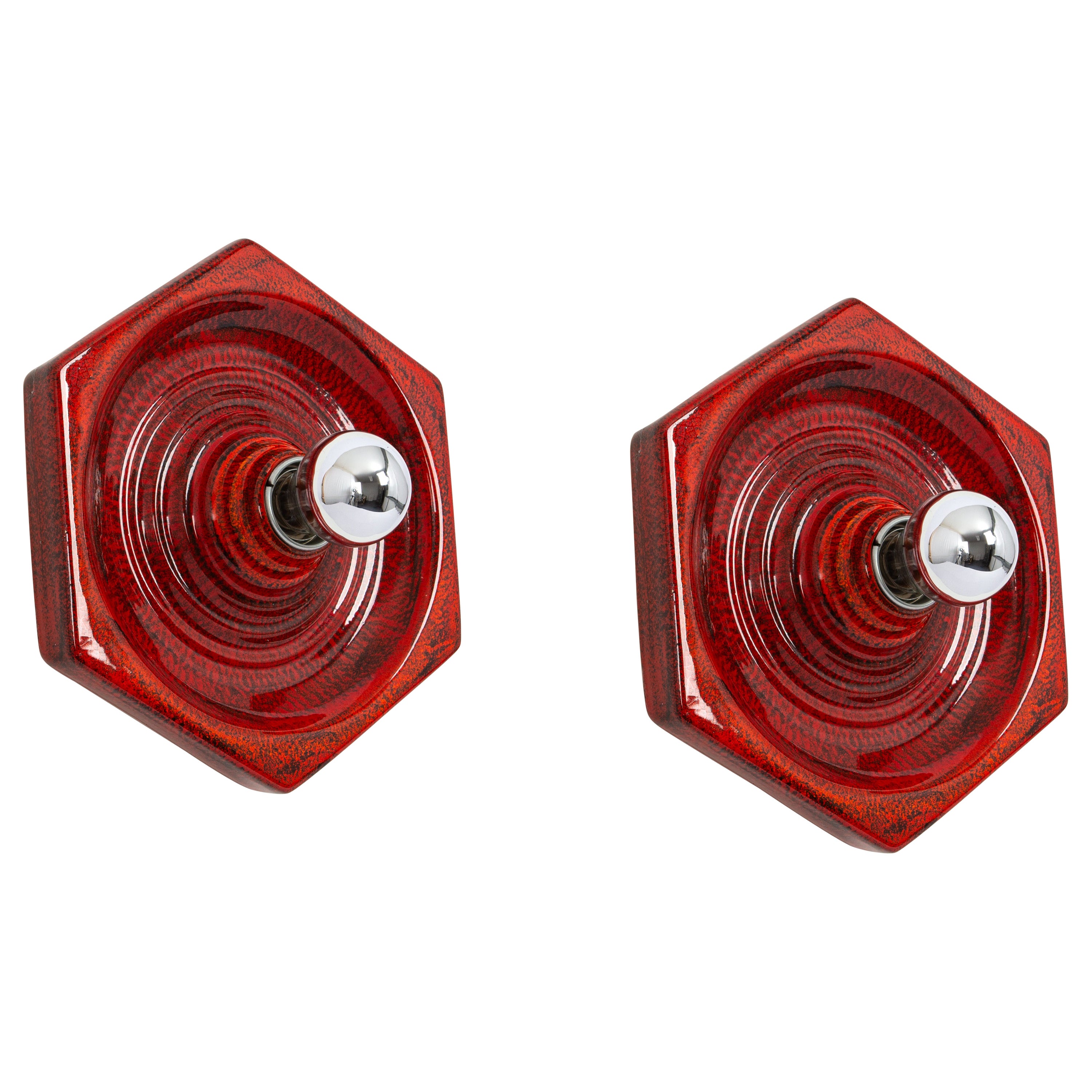 Pair of Ceramic Red and Orange Wall Lights, Germany, 1970s For Sale