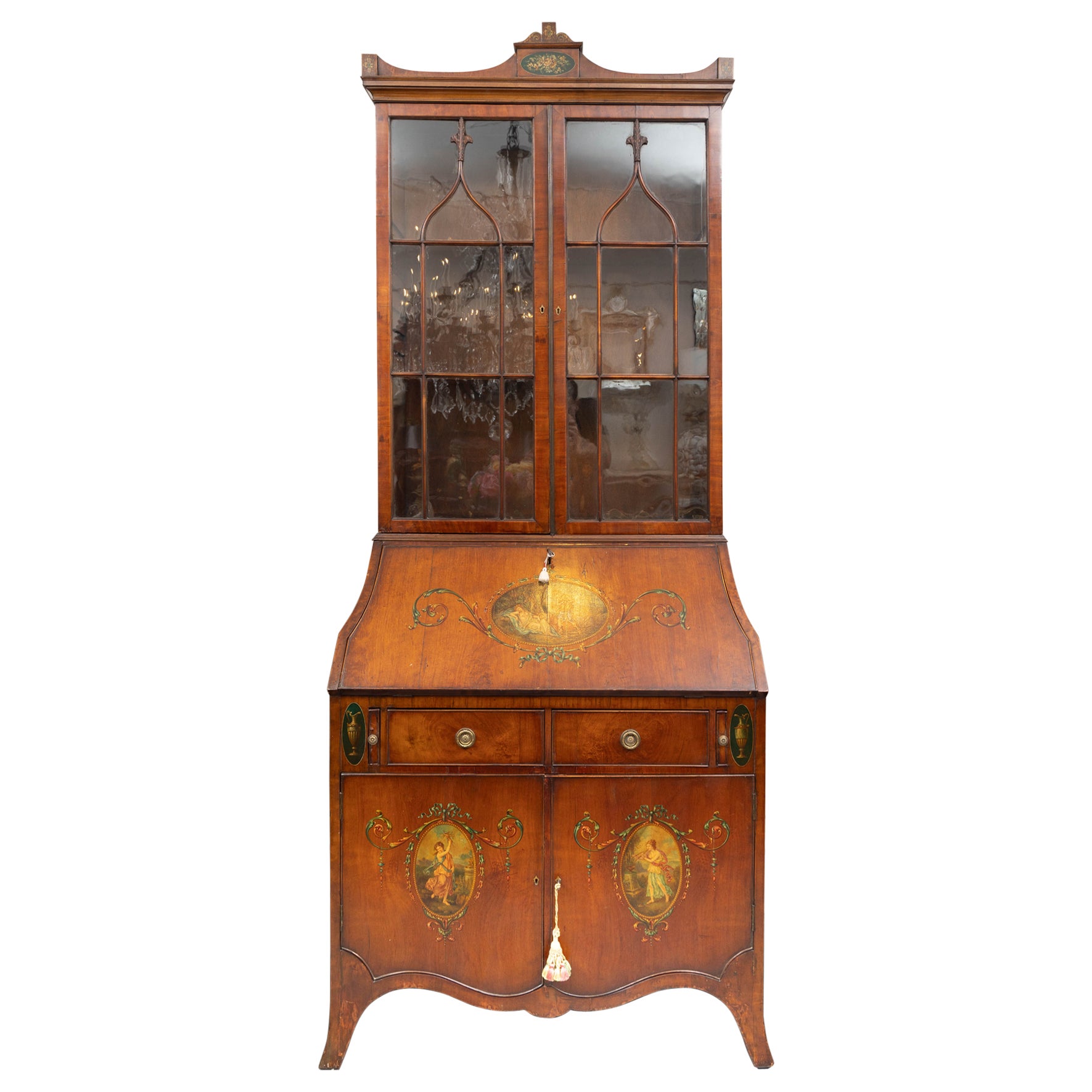 Edwardian Walnut Secretary with Hand Painted Motifs